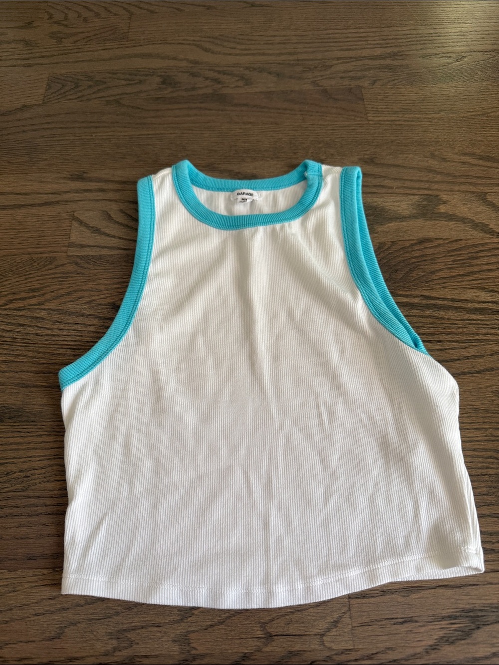 Garage White Ribbed Tank with Teal Trim, cropped in size medium.
